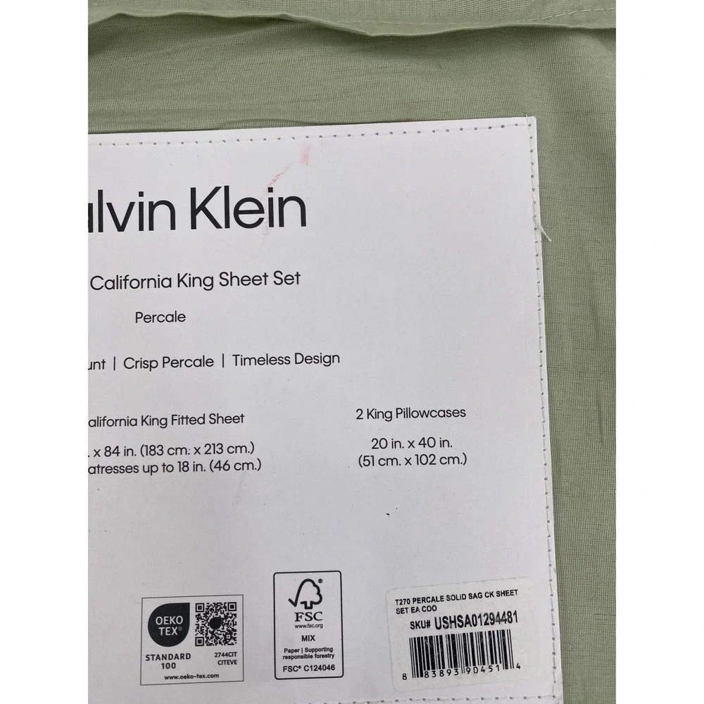 Calvin Klein Sheet Set California King Sage Green 100% Cotton Percale 270TC 4pc